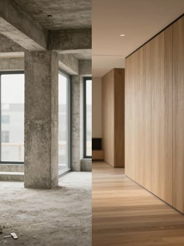 Side-by-side split composition: on the left, a raw concrete architectural structure under construction; on the right, the finished luxury interior with soft warm lighting and oak paneling.