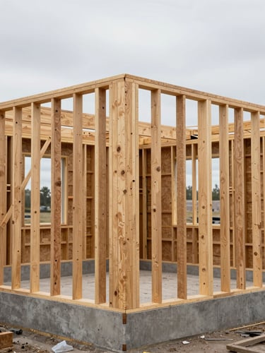 Close environmental shot of residential framing in progress under natural overcast daylight — exposed wall studs and header beams in the foreground, concrete foundation slab visible at the base, open sky through the unfinished window openings, no people, raw lumber texture prominent