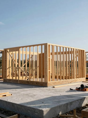 Environmental wide shot of a home addition in late-stage framing, natural daylight, lumber studs visible against a clear sky, concrete foundation slab in the foreground with rebar shadows, no crew faces shown, tools and material staging visible at frame edge