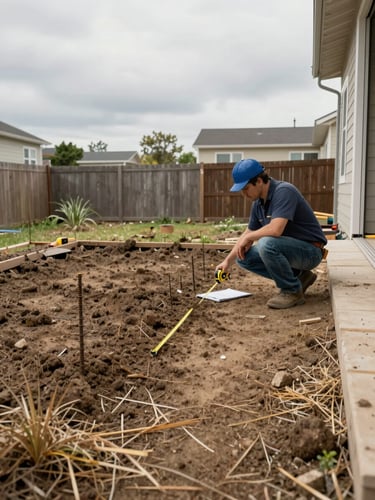 Wide environmental shot of a residential backyard site in natural overcast daylight — a contractor crouching near bare earth, tape measure extended, clipboard on the ground beside rebar stakes, no people's faces visible, dirt and dry grass in the foreground, house foundation edge at frame right