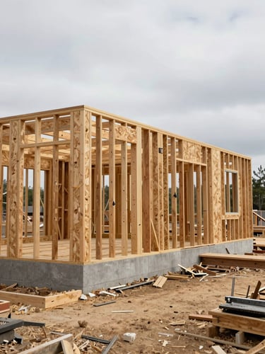 Environmental wide shot of a home addition mid-framing under natural overcast daylight — exposed stud walls, OSB sheathing, a concrete stem wall visible at grade level, construction debris cleared, no people, shot from ground level looking along the length of the new structure