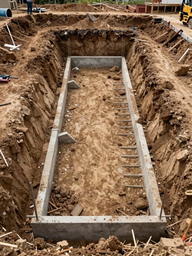 Environmental wide shot of a residential foundation excavation in progress, exposed soil walls and concrete forms in place, crew tools visible at frame edge, overcast natural daylight, no people in center frame, full site scope visible