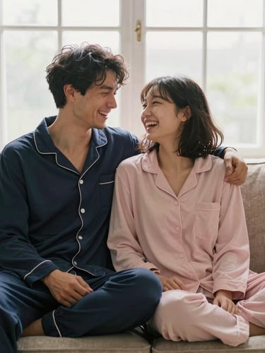 Cozy couple laughing on a sofa in the morning, wearing soft matching navy and blush pink pajamas, warm morning window light, shallow depth of field, 35mm