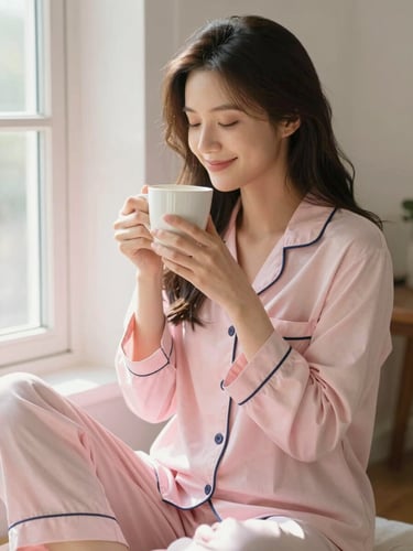 Uma mulher sorridente vestindo pijama de algodão nobre rosa claro, sentada perto de uma janela ensolarada com uma xícara de chá, luz suave da manhã, estilo editorial de alta costura.