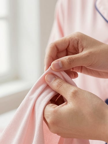 Close-up detalhado de mãos femininas tocando um tecido de pijama de algodão ultra macio e texturizado, foco seletivo na trama delicada, iluminação suave de estúdio natural.