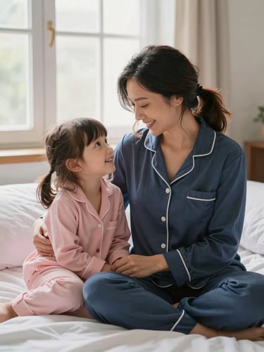 Mãe e filha rindo juntas em uma cama aconchegante, vestindo pijamas combinando em tons suaves de rosa e azul, luz natural dourada entrando pela janela, fotografia afetiva de estilo de vida.