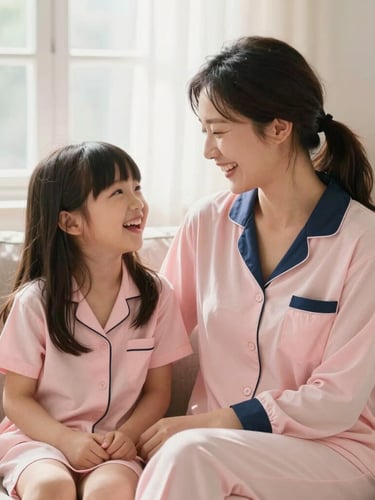 Warm editorial photography of a mother and daughter laughing on a cozy sofa under soft morning window light, wearing matching elegant pink sleepwear, shallow depth of field, 35mm