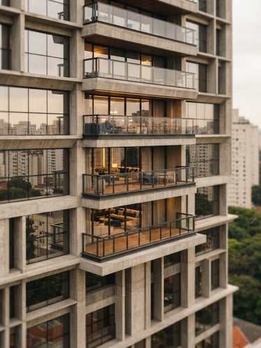 Architectural detail of a premium modern residential skyscraper in São Paulo, warm champagne gold lighting on concrete and glass facade, shallow depth of field, 35mm editorial photography