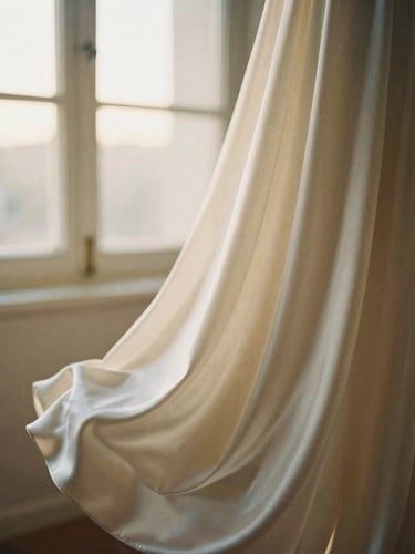Warm editorial photography of heavy cream satin fabric cascading over a model in gentle motion, soft golden-hour window light, shallow depth of field, 35mm film