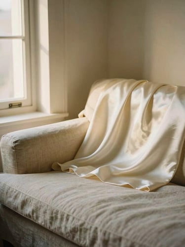 A serene, sun-drenched atelier corner with a linen chaise lounge, a silk slip top draped softly over the back, warm golden-hour window light, 35mm film