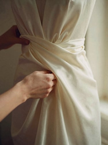Close-up of hands draping heavy cream satin fabric on a dress form, warm golden-hour window light, soft focus, 35mm film