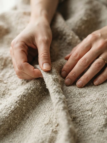 Close-up of hands touching raw oatmeal-colored linen fabric under soft morning window light, showing heavy-gauge weave and living texture