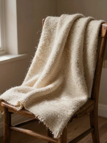 A raw wool blanket draped loosely over an old oak chair, soft diffused window light casting deep natural shadows, clay-toned background.