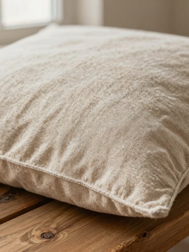 Close-up macro shot of a heavy-gauge oatmeal linen pillow cover resting on a rustic wooden bench, showing the intricate hand-loomed weave, soft morning light.