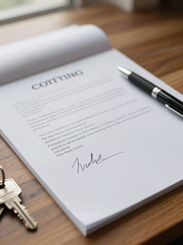 Close-up of signed closing documents on a wooden desk, a pen resting beside them, natural window light falling across the pages, a set of house keys visible at the edge of the frame