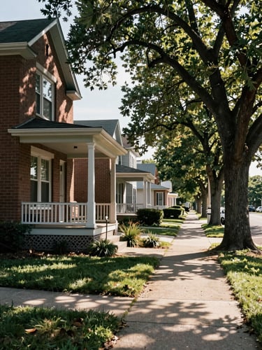 Close environmental shot of a quiet Indiana neighborhood street, brick bungalow with covered front porch in the foreground left, mature oak casting dappled morning light across the sidewalk, no people, documentary framing