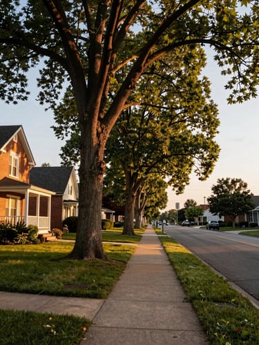 Wide environmental shot of a quiet Indiana residential street at golden hour — mature elm trees lining the sidewalk, a brick craftsman home porch visible to the left third, warm late-afternoon light raking across the pavement