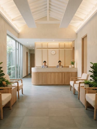 Symmetrical wide shot of a serene, light-filled clinical reception area in South Jakarta, warm alabaster walls, minimalist oak reception desk, soft morning light, premium editorial photography, 35mm