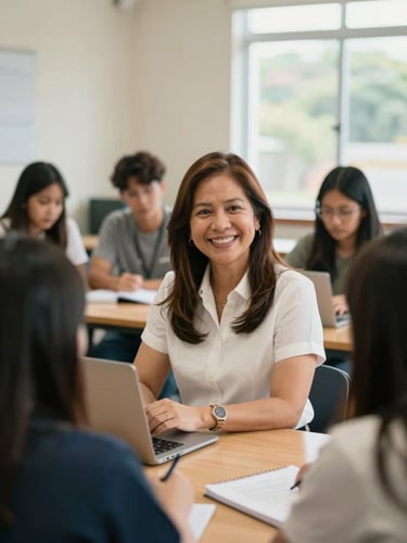 A professional portrait of a Filipino academic leader in a bright, sunlit office, warm editorial photography, authentic community tones, 35mm.