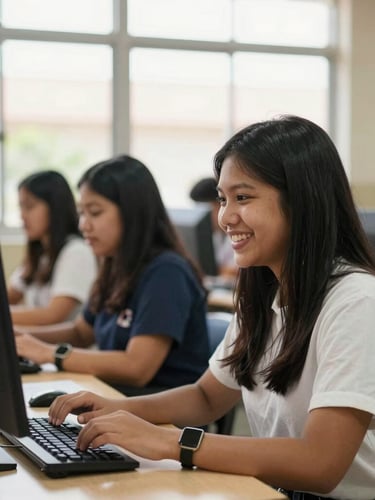 Candid medium shot of a Filipino student smiling proudly while working on a computer, warm natural window light, local community college setting, 35mm