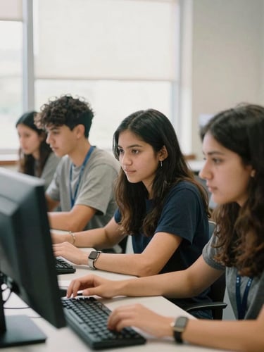Candid student collaboration in a bright computer lab, natural daylight, warm editorial photography, authentic community tones, 35mm.