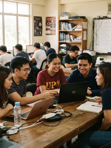 Warm editorial photography of Filipino IT students collaborating on laptops in a bright, sunlit computer laboratory, candid interaction, 35mm