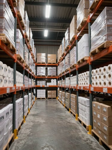 Wide environmental warehouse shot showing deep shelving racks loaded with boxed A4 paper reams and thermal roll cartons, hard directional overhead industrial lighting casting sharp aisle shadows, no people, label markings visible on box ends, concrete floor