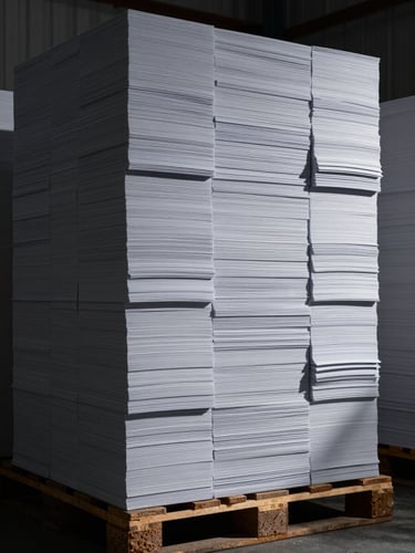 Overhead flat-lay of tightly stacked A4 paper reams on a warehouse pallet, hard directional studio strobe light casting sharp shadows across the ream edges, cool grey tones, tight geometric composition filling the frame