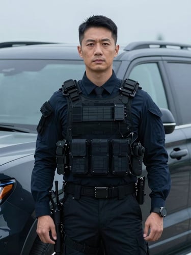 Portrait shot of a professional tactical operator in sharp corporate-tactical attire, standing beside a dark-toned executive SUV, low-key lighting, cool overcast daylight.