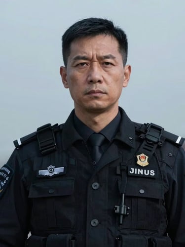 High-contrast portrait of a serious, experienced security professional in a dark corporate tactical suit, looking directly at the camera, cool overcast daylight. Sharp focus, 35mm lens.
