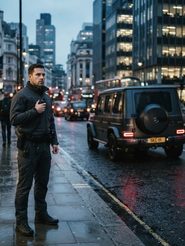 Wide shot of a dark-toned executive transport SUV moving through an urban environment at dusk, cool overcast daylight, sharp focus, 35mm lens, with a professional team member in corporate-tactical attire visible in the foreground, blurred city lights in background.