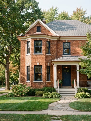 Warm editorial photography of a beautifully restored brick home in Rockford, bright natural daylight, 35mm lens