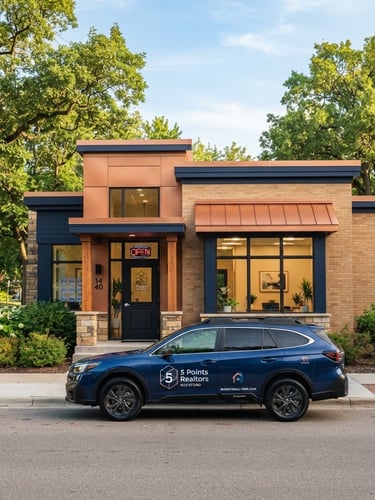 A warm daylight photo of the 5 Points Realtors Rockford office exterior with a branded vehicle parked in front, clean architectural lines, warm copper accents, 35mm lens