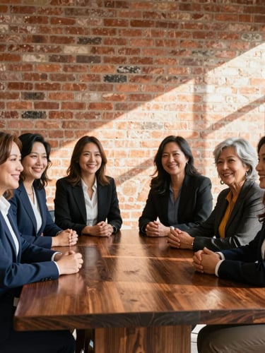 Environmental portrait of Rockford real estate agents collaborating around a dark wood table in a warm, sunlit office with exposed brick walls, 35mm lens.