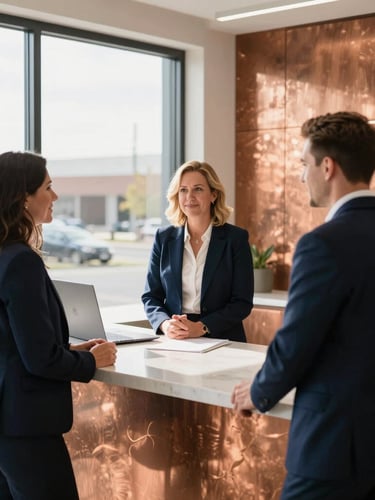 A professional environmental portrait of Rockford real estate agents collaborating inside a bright, modern office with warm copper details, natural daylight, 35mm lens