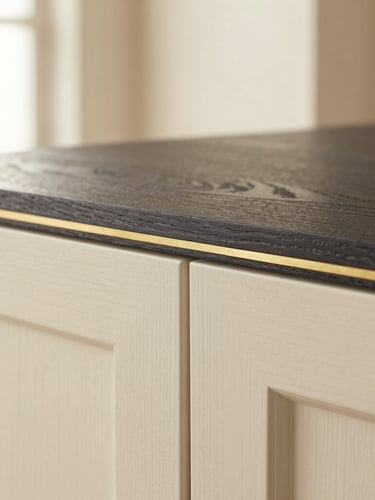 Close-up macro shot of bespoke teak joinery with a subtle brass inlay, warm indirect light, showing texture and precision, cream and charcoal tones