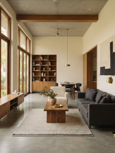 Wide-angle architectural shot of a minimalist Indian living room, cream walls, custom teak joinery, soft morning window light, subtle brass accents, expansive spatial flow, 35mm lens, warm editorial interior photography.