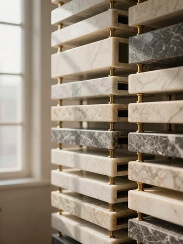 Bespoke interior design studio material library, architectural close-up of marble slabs and brass joints, warm morning window light, 35mm