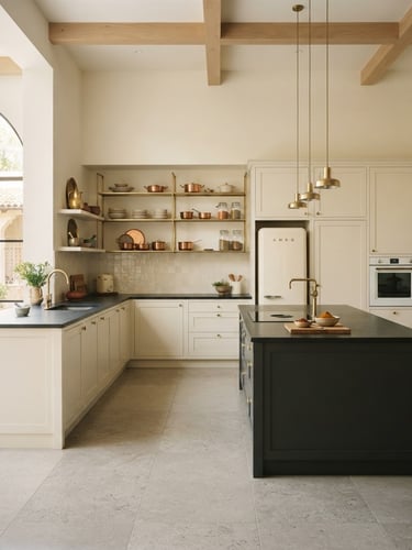 Wide-angle architectural shot of a minimalist Indian kitchen, warm morning light, cream cabinets, charcoal countertops, brass hardware, 35mm lens, expansive spatial flow.