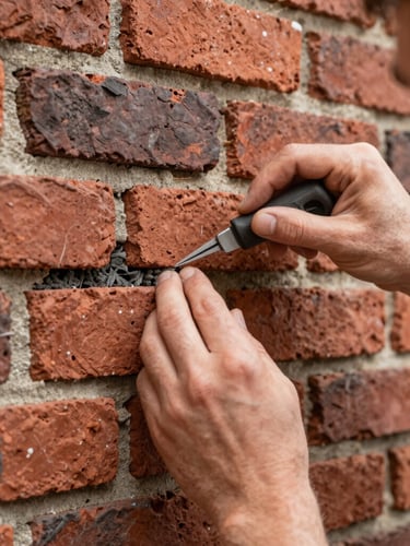 Portrait orientation close-up of a skilled technician's hands performing tuckpointing on historic brick mortar, natural daylight, warm editorial photography, rich brick reds and deep charcoals, sharp focus, 35mm lens