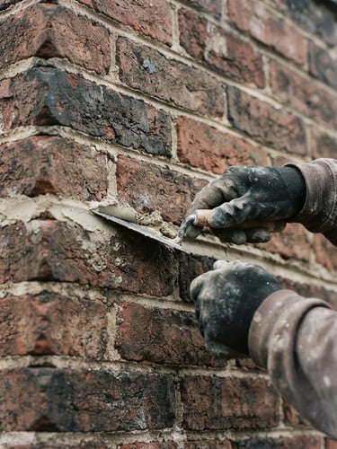 Close-up of a professional technician's hands performing tuckpointing on historic brick chimney mortar, clean and precise work, natural overcast daylight, rich brick reds and deep charcoals, sharp focus, 35mm lens