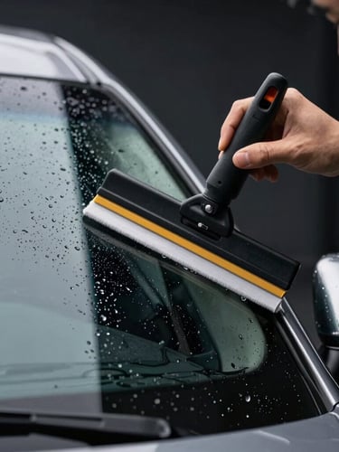Close-up of a professional technician using a precision squeegee to apply a dark tint film to a luxury car window, water droplets, sharp focus, dramatic studio lighting