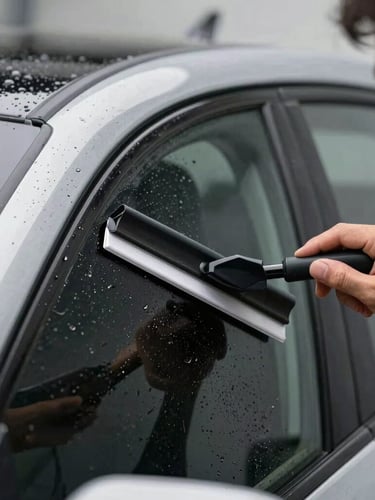 Macro shot of a professional technician using a squeegee to precisely apply a dark ceramic window film onto a curved car window, water droplets visible
