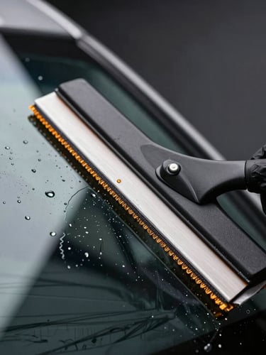 A close-up macro shot of professional window tinting application inside a dark automotive studio. A squeegee smoothly glides across a curved glass surface, pushing water droplets away. Sharp amber rim lighting highlights the sleek glass edge and clean micro-fiber textures.