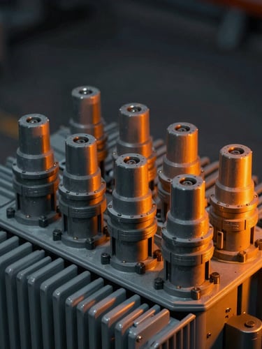 Macro close-up of heavy high-voltage industrial transformer terminals, crisp technical details, sharp industrial studio lighting with warm orange safety highlights, deep charcoal background.