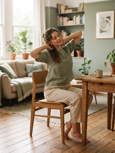 Warm editorial photography of a woman in a bright home living room, gently stretching her back while seated on a wooden chair, soft morning daylight filtering through a window, sage green accents, 35mm.