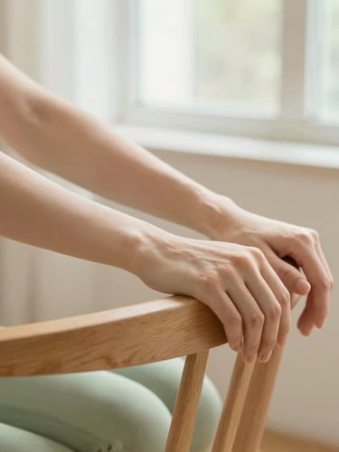 A close-up editorial shot of a person's hands resting on a wooden chair during a gentle stretching routine, soft focus, warm beige and sage green color palette, natural window light.