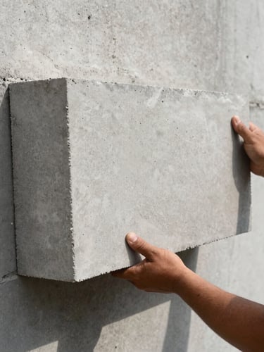 Straight-on technical shot of a worker's hands placing a large 1m by 0.5m concrete foam block on a wall, visible cellular texture of the concrete under bright direct sunlight.