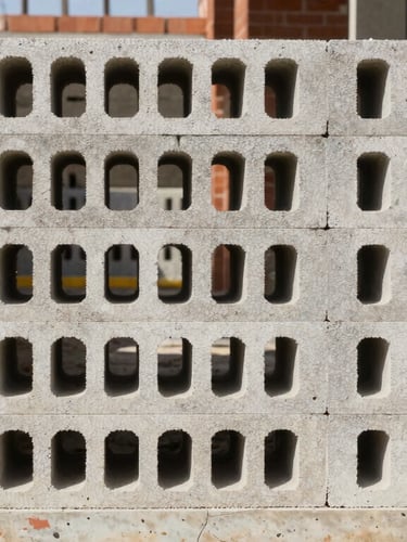 Straight-on technical shot of a Termoblock wall under construction, showing the large 0.5m x 1m block scale compared to traditional red bricks on the side, harsh midday shadows