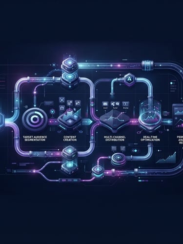 Sleek digital UI illustration showing a structured campaign pipeline, cool ambient studio light with deep purple accents, dark navy background, crisp high-fidelity render